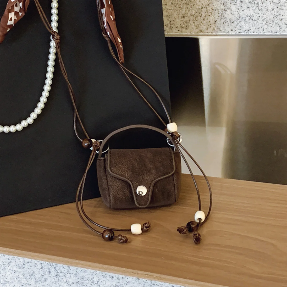 

Retro Mini Suede Crossbody Bag Rope Detail Silk Bow Charm Compact Lightweight Buckle PU Mini Bag for Daily Commute