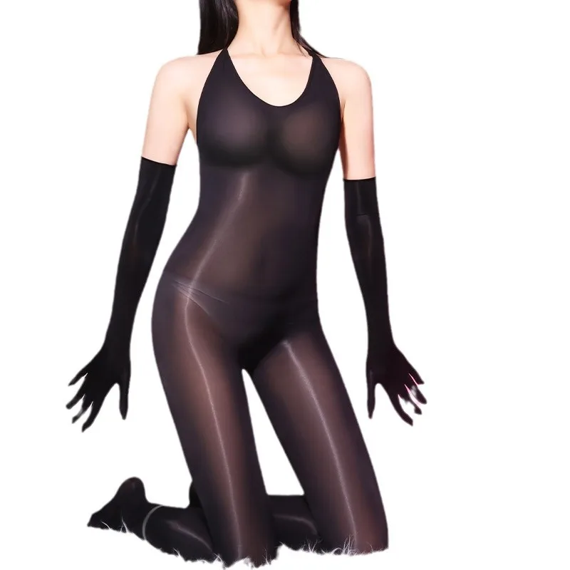 

Sexy Women Candy Color Oil Glossy Shiny Bodysuit Sheer See Through Elastic Tights Bandage Shaping Leotard Hollow Out Crotchless