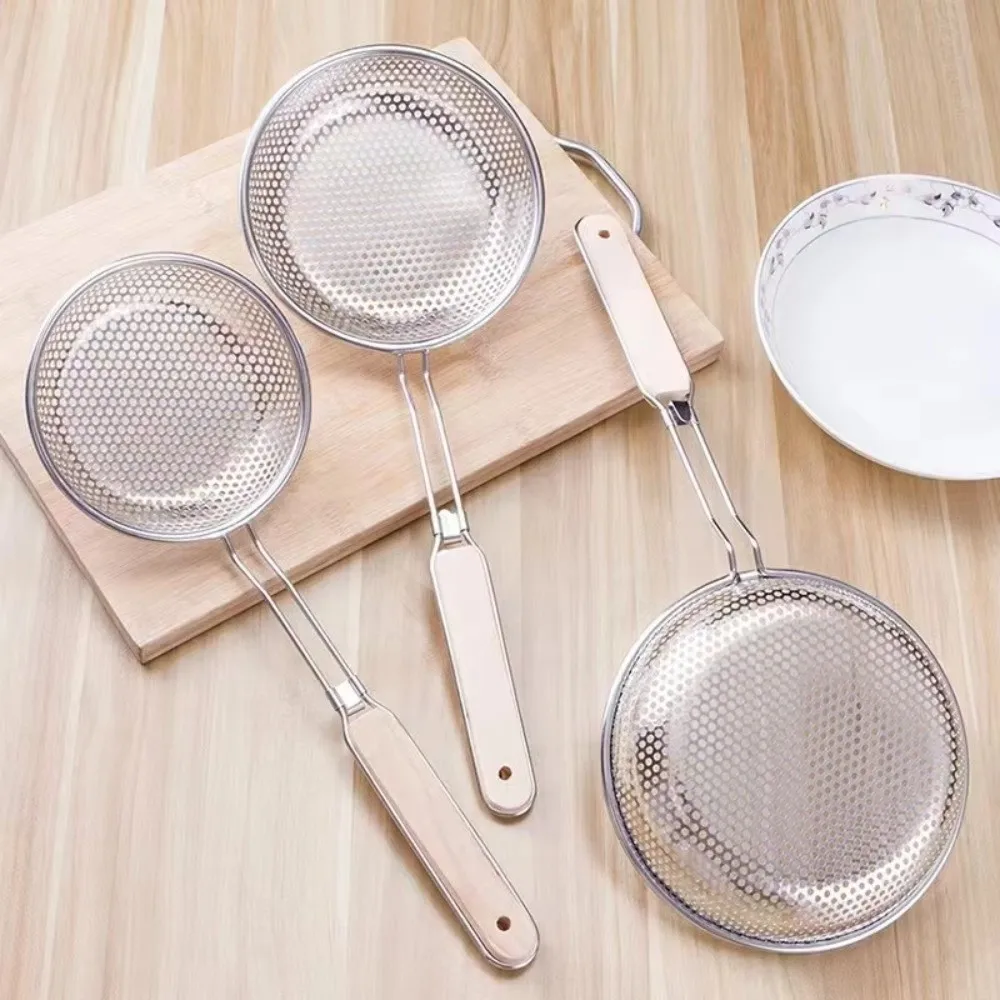 New Thickened Stainless Steel Strainer Wooden Handle Fine Mesh Dumpling Strainer Long Handle Kitchen Strainer Household Use