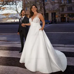 Vestido de Novia de satén con cuello en V, traje Sexy con espalda descubierta, apliques sin mangas, talla grande, 2024