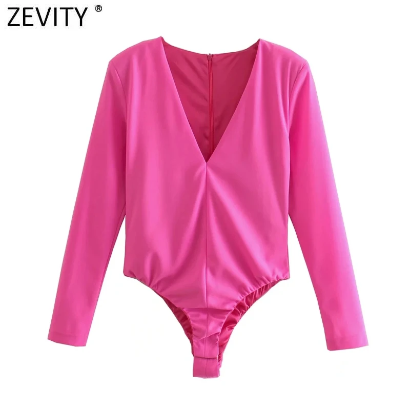 Zevity New Women Sexy V Neck Solid Color Slim Bodysuits Lady Chic High Street Back Zipper Club Party Playsuits Rompers LS9857