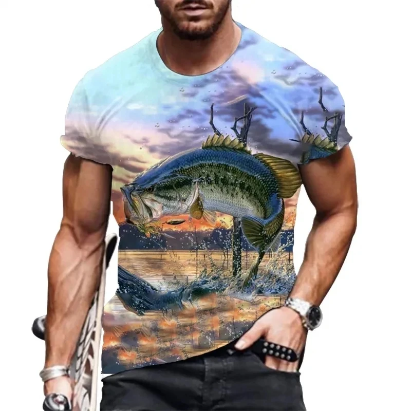 Moda męska wędkarstwo morskie t-shirt oversize oddychający dorywczo krótki rękaw 3D nadruk ryby duży rozmiar wygodny męski sweter