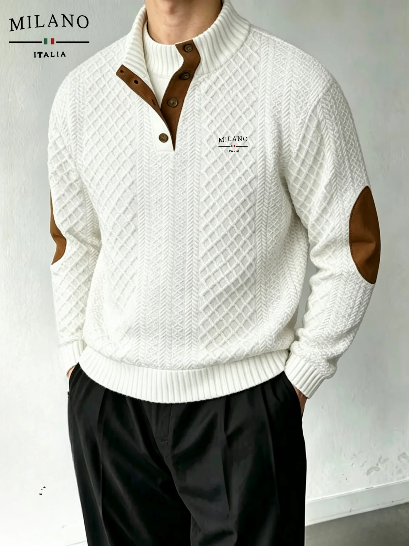 Men's Stand Collar Button Sweater Milano  Diamond Textured Knit Pullover Elbow Patch Long Sleeve Autumn Winter Casual Jumper