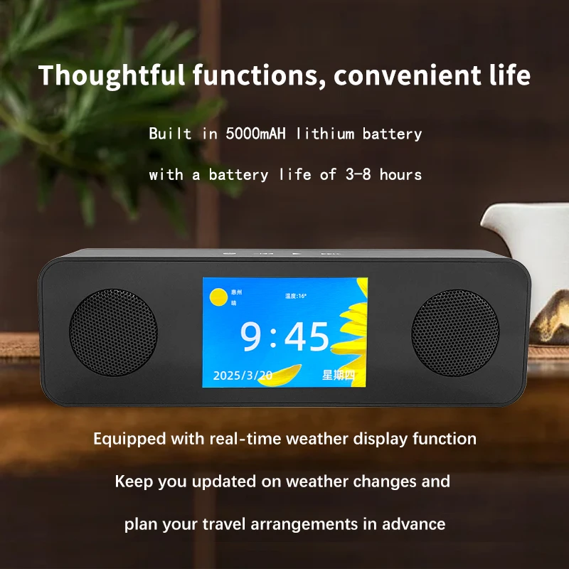 Altavoz Bluetooth portátil LCD para exteriores, reloj con tarjeta TF, altavoz con pantalla meteorológica, reproductor de sistema de audio, radio FM, caja de subwoofer