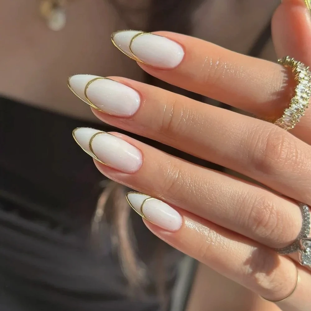 

French Handmade Manicure Medium Almond Fake Nails Elegant & Minimalist Nails Press On Nails Design with Adhesive Nail File Set