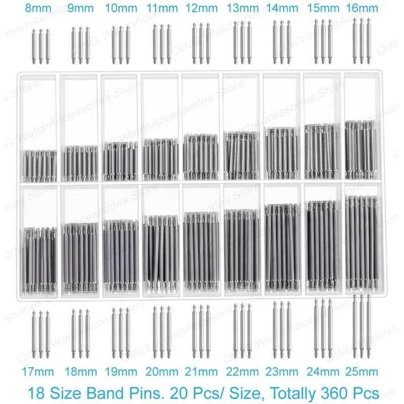 Watch Band Spring Pins 360pcs Stainless Steel Metal Spring Bars 8mm-25mm Watch Strap Link Pins Repair Tool 270pcs 1.8mm 1.5mm