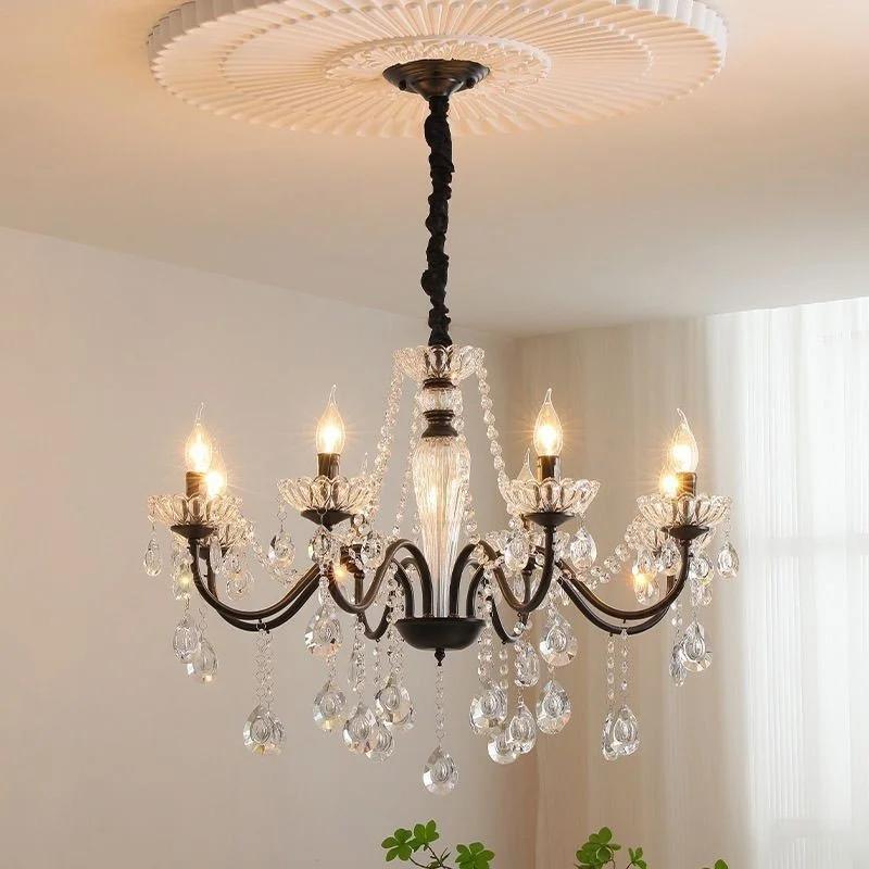 Painted Black Candle E14 Chandelier Lustre Luxury K9 Crystal Pendant Light French Living Room Hanging