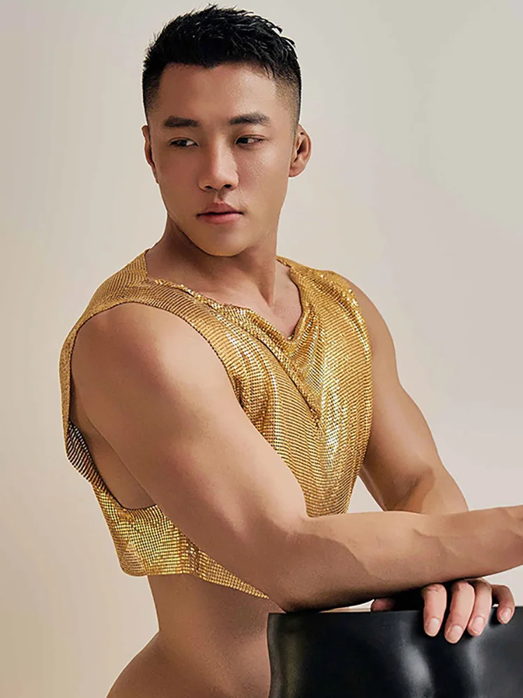 Men's Metal Sequin Crop Top Sexy Fitness Sleeveless Aluminum Nightclub Bar GOGO Performance Costume Dance Accompaniment