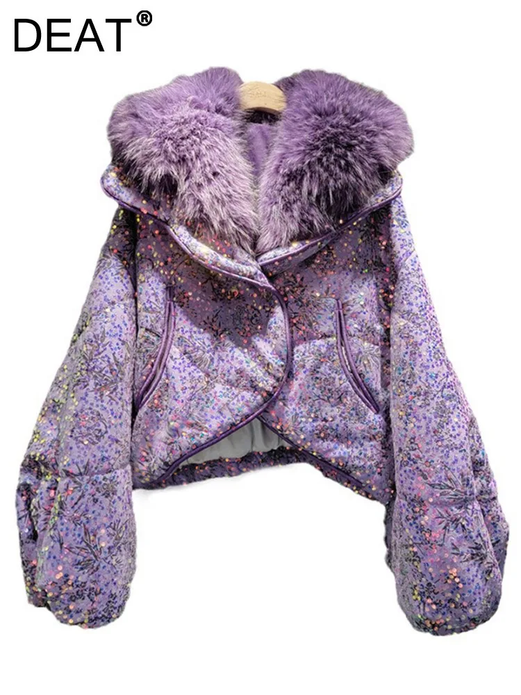 

DEAT Women's Cotton Padded Coat Loose Pink Purple Sequins Batwing Sleeve Fur Collar Thick Jacket 2024 Winter New Fashion 33A2046