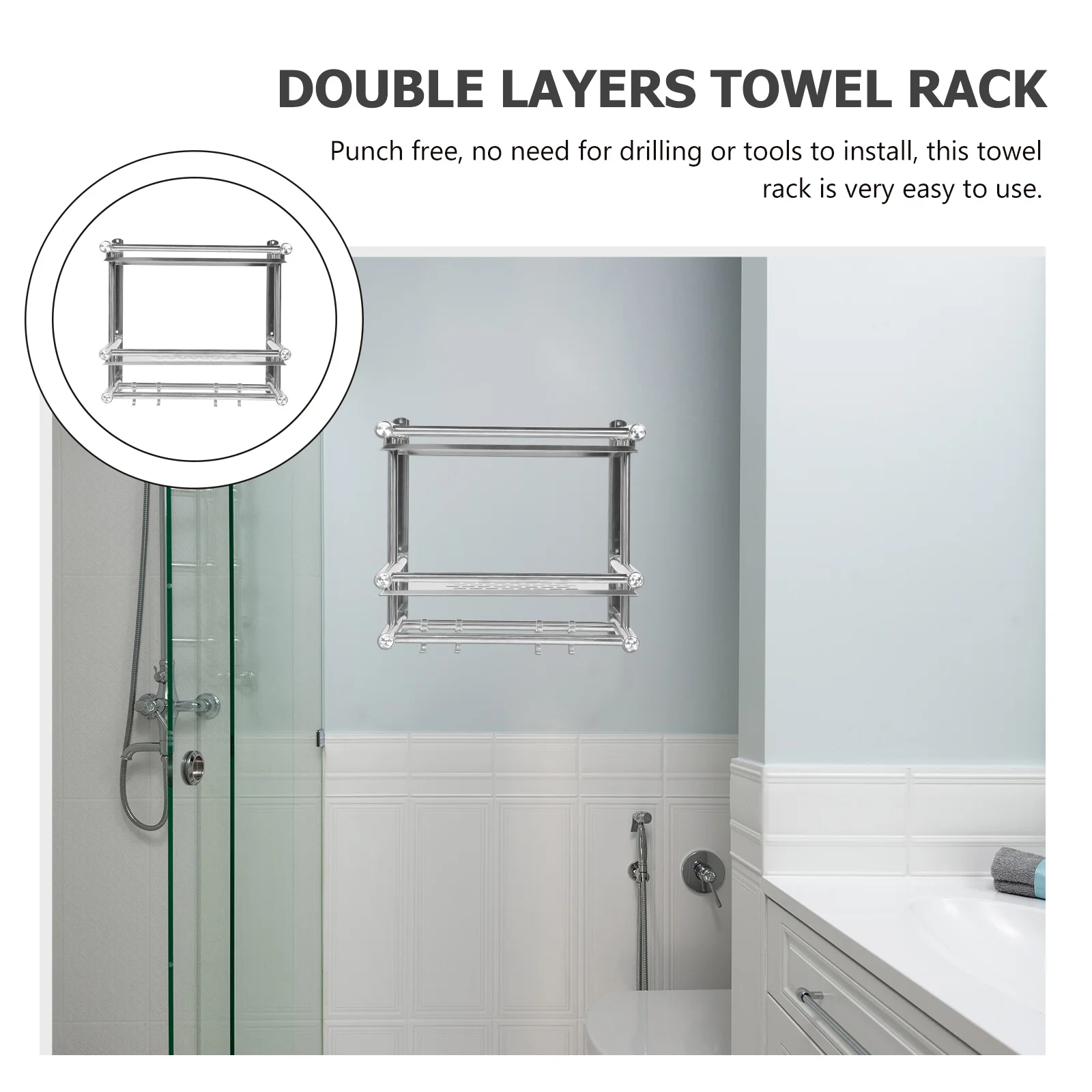 

Double Layers Towel Rack Punch Free Stainless Steel Bathroom Storage Holder Wall Mounted Towel Shelf Strong Load Bearing