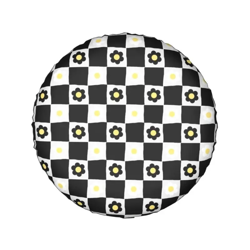 Checkerboard Daisies Flowers Spare Tire Cover for Honda CRV Jeep RV SUV 4WD 4x4 Checkered Car Wheel Covers 14