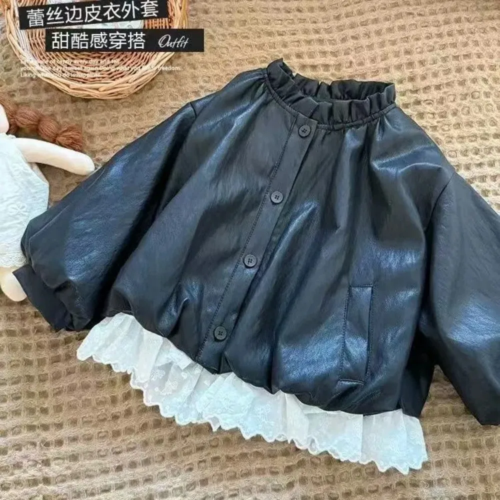 

Fashion New Style Children's Patchwork Edge PU Leather Coat Top Spring and Autumn Girls' Leather Jacket