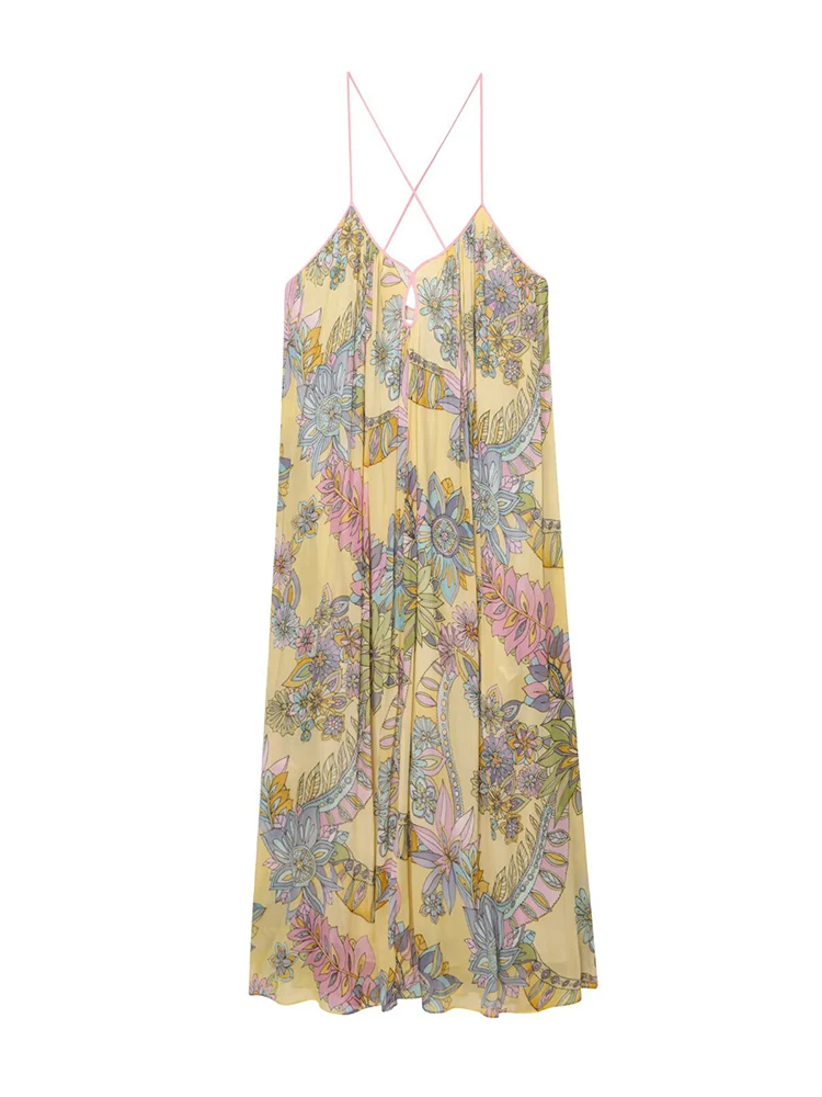 TFMLN Elegant Women Casual Print Dress Sleeveless Party Summer V Neck Sling Loose Dress Fashion Holiday Beach Style Long Dresses