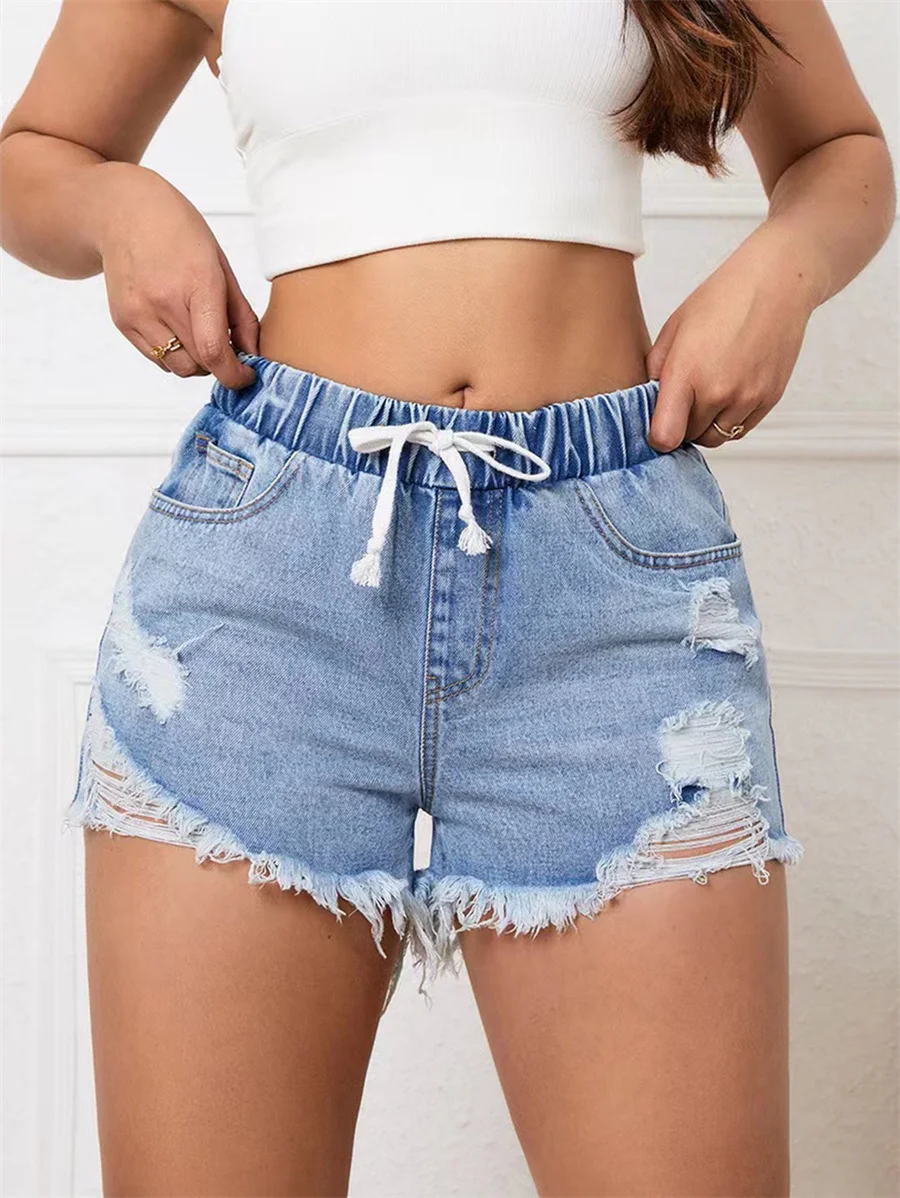 

Benuynffy Drawstring Elastic Waist Ripped Jean Shorts Women's Summer Casual Streetwear Mid Waisted Raw Hem Denim Shorts Female