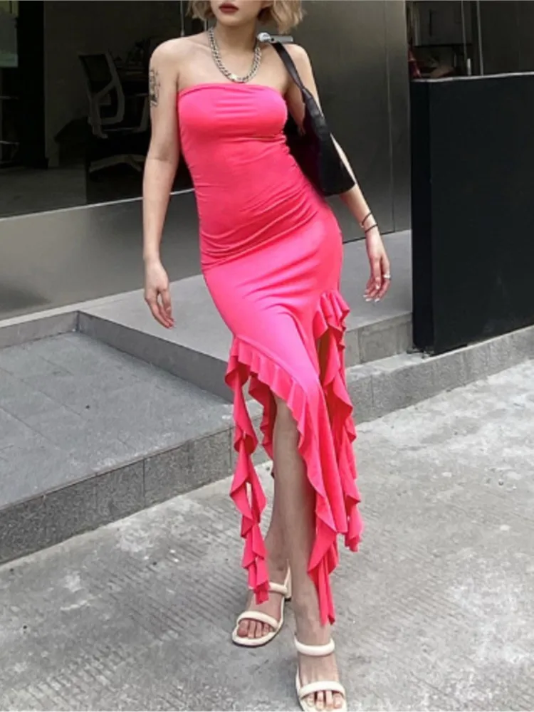 

Summer New Women's Irregular Long Skirt Fashionable Sexy Strapless Slim Fit Split Ruffle Edge Evening Dress