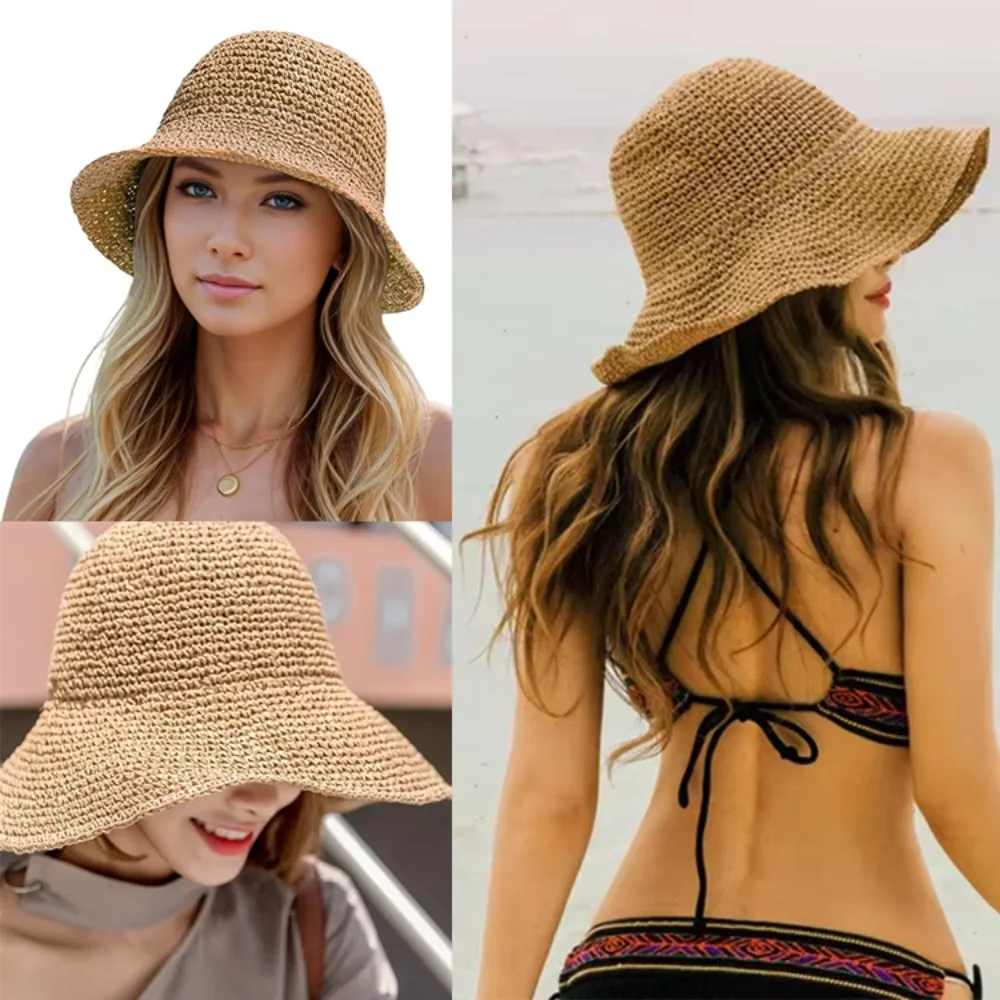 Modischer gewebter Strohhut, UV-Schutz, breite Krempe, Damen-Fischerhut, atmungsaktiv, faltbar, Strandhut für Outdoor-Reisen, trendiger Look