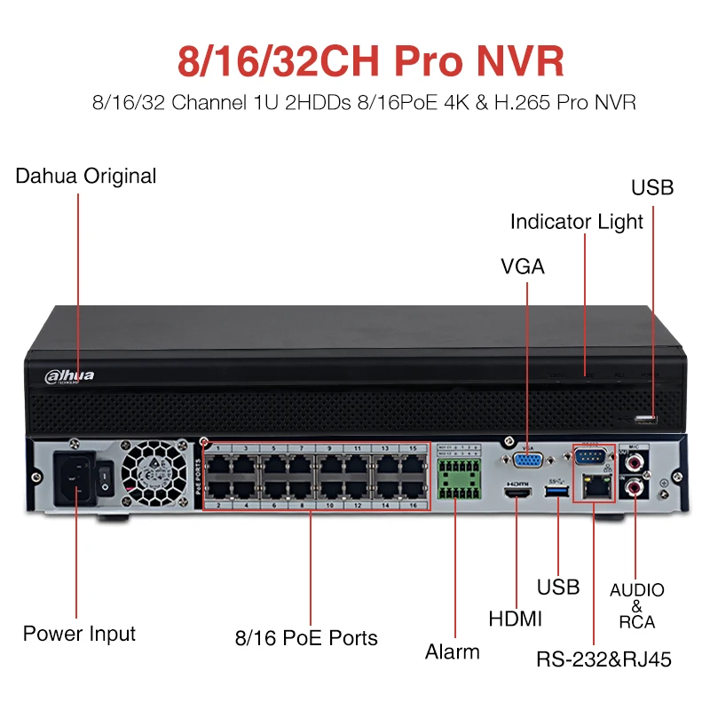 Original Dahua NVR4208-8P-4KS2/L NVR4216-16P-4KS2/L NVR4232-16P-4KS2/L 8/16/32CH POE 1U 2HDDs 4K&H.265 Network Video Recorder