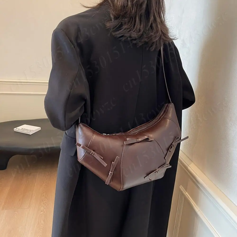 

Women Trendy Dumpling Bag PU Bow Simple Tote Purse Zipper Closure Half Moon Crossbody Bag Large Capacity Stylish Commuting Bag