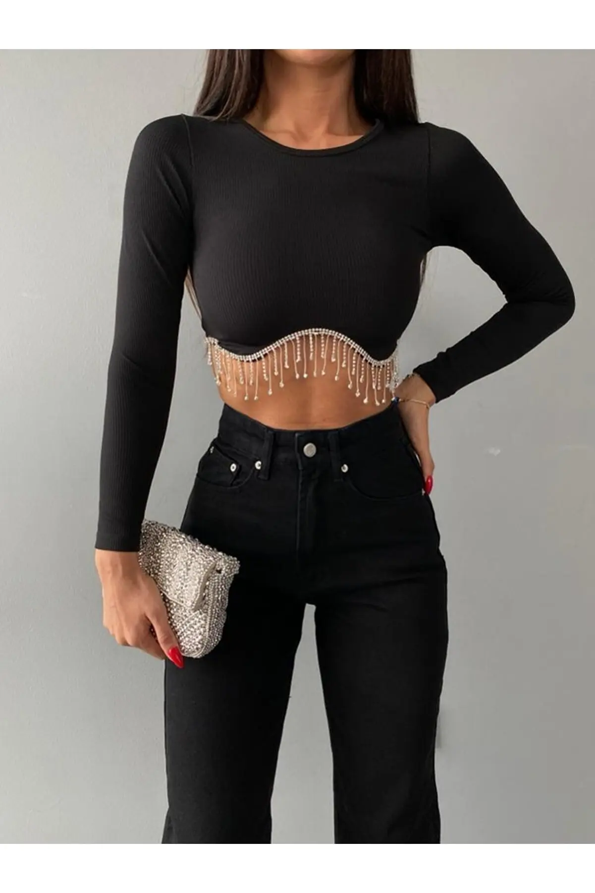 Women's Black Waist Chain And Stone Detailed Crop Blouse Camisole Fabric Ladies Tops