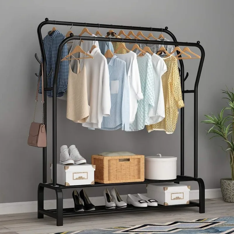 Garment Rack Freestanding Hanger Double Rods Multi-functional Bedroom Clothing Rack, Double layer ，4 Hooks，Black