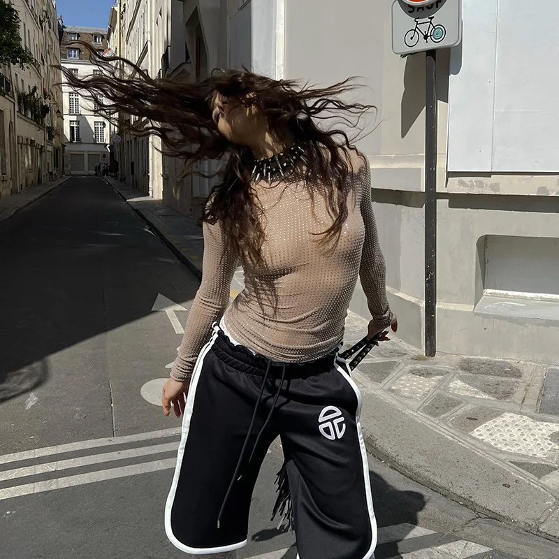 Y2K Ronde Hals Strass Sprankelende Top Met Lange Mouwen 2024 Pittig Meisje Slim Fit Veelzijdige Top Modieus En Veelzijdig