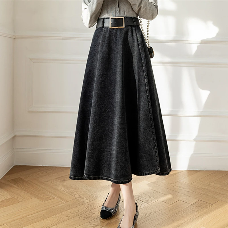 REALEFT 2022 New Denim mi-long Women's Skirts with Belted Spring Summer High Waist A-line Skirt Mid-calf Umbrella Jeans Skirts