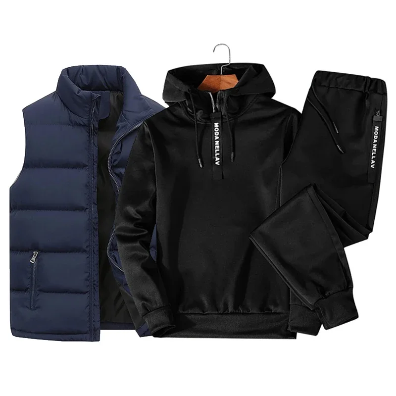 Mens Tracksuit Suits Half zip Hooded Sweatshirt+Waterproof Down Vest+Sweatpants 3 Piece Set 2023 New Winter Warm Casual Clothes