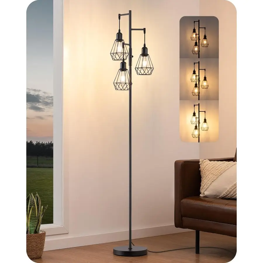 

70IN Farmhouse Floor Lamps for Living Room, Dimmable Industrial Tall Standing Lamps 3 LED Edison Bulbs Included, DiamondShaped C