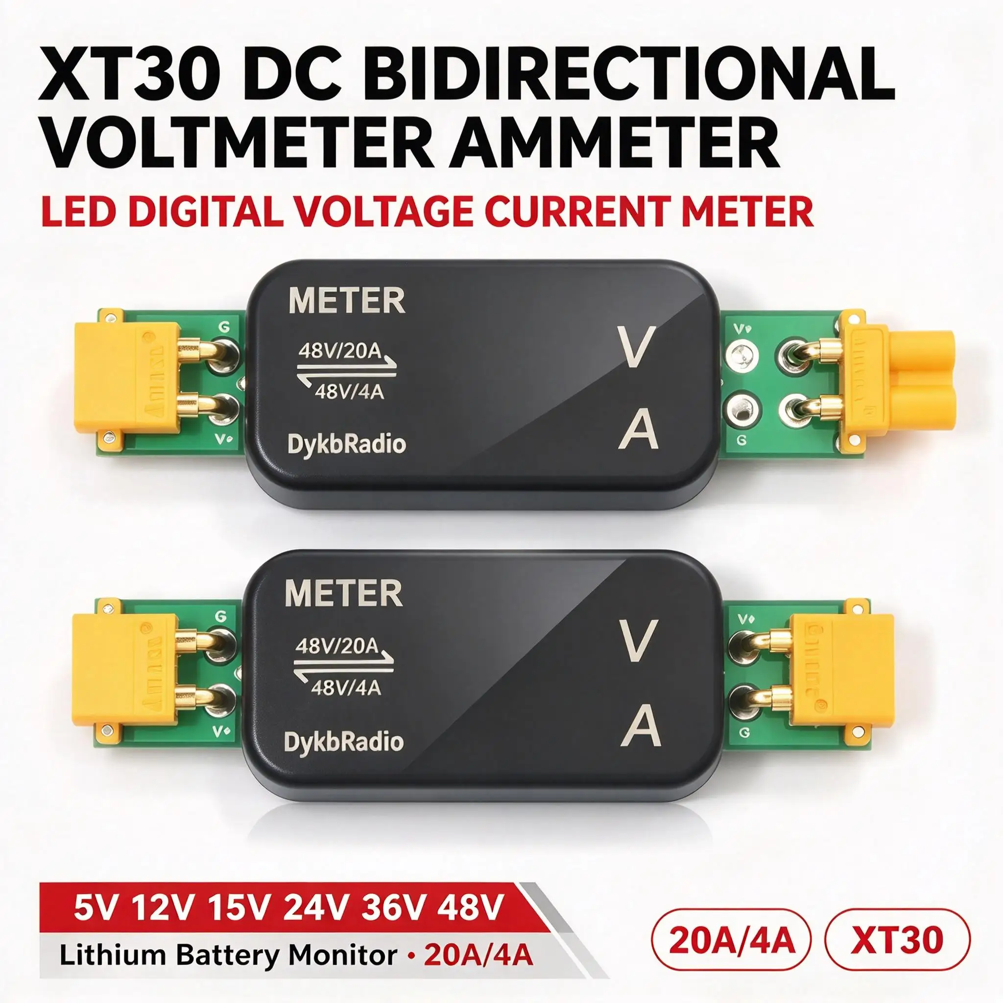 DYKB XT30 DC Bidirectional Voltmeter Ammeter 48V 20A 4A Dual LED Digital Voltage Current Meter for Lithium Battery RC Car Solar