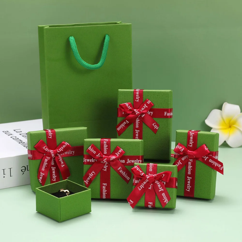 5pcs Luxury Green Paper Box with Bow Ribbon for Earrings Necklaces Bracelets-Fashion Accessories Packaging Jewelry Gift Boxes