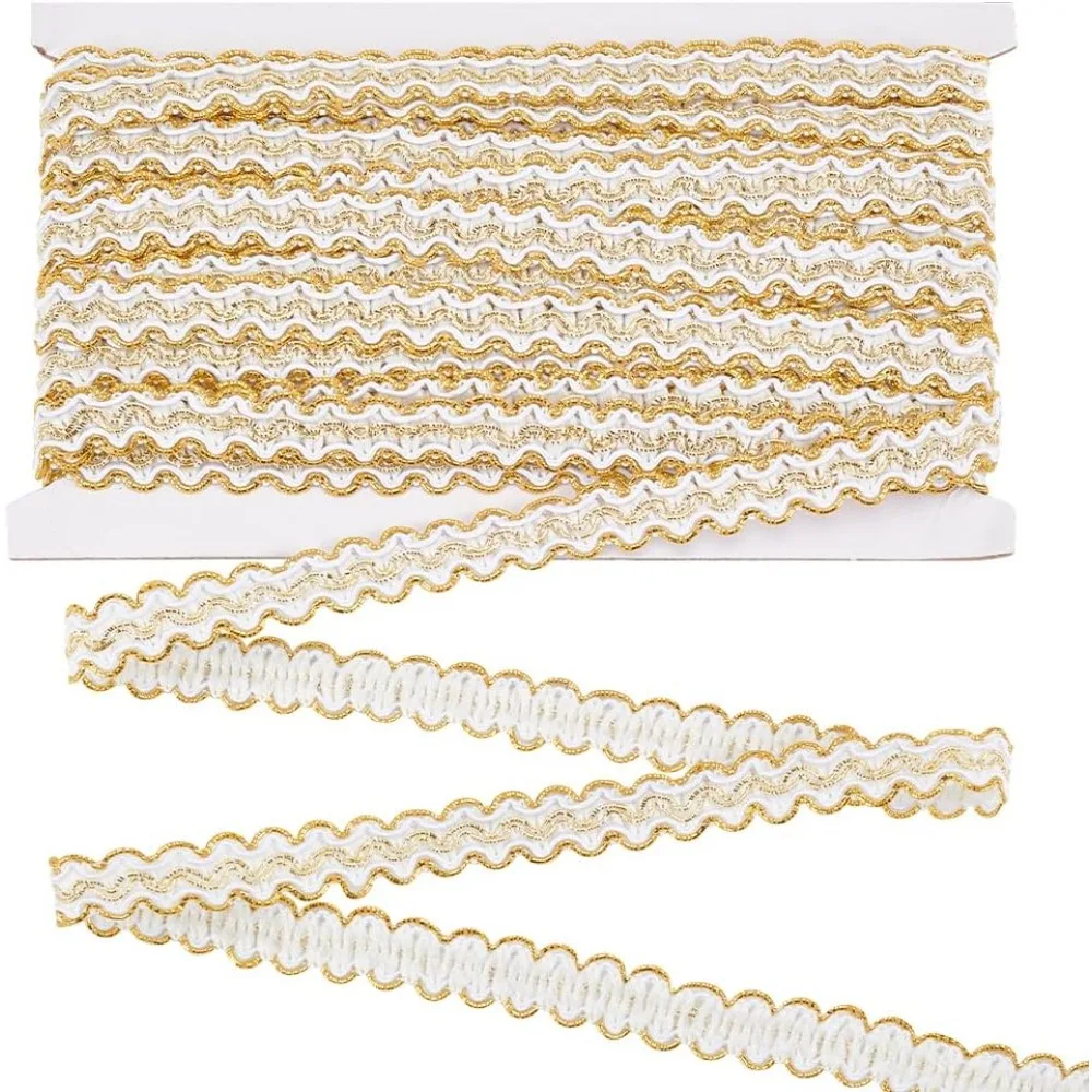 13 Yards Gimp Braid Trim Gold Edge Woven 1/2 inch White Metallic S Wave Sewing Polyester Handcraft for Curtain Slipcover DIY