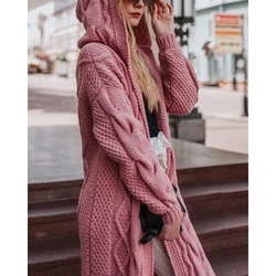 Autumn Women Solid Twist Rope Open Stitch Sweater Hoodie Knitted Coat Fashion Femme Longline Casual Loose Long Cardigan Coat