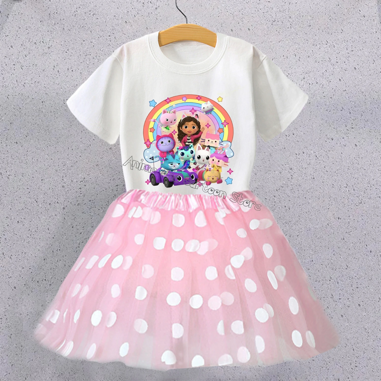 Gabby Dollhouse Girl Skirt Set New Party Clothes Cute Cartoon White T-shirt+dress Suit Fashion Kid Summer Clothing Children Gift