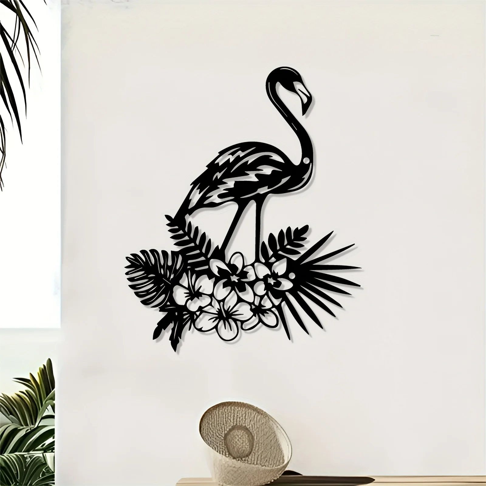 [2D Flat] Vintage Black Flamingo Palm Metal Wall Art, Iron Tropical Decor for Living Room Office