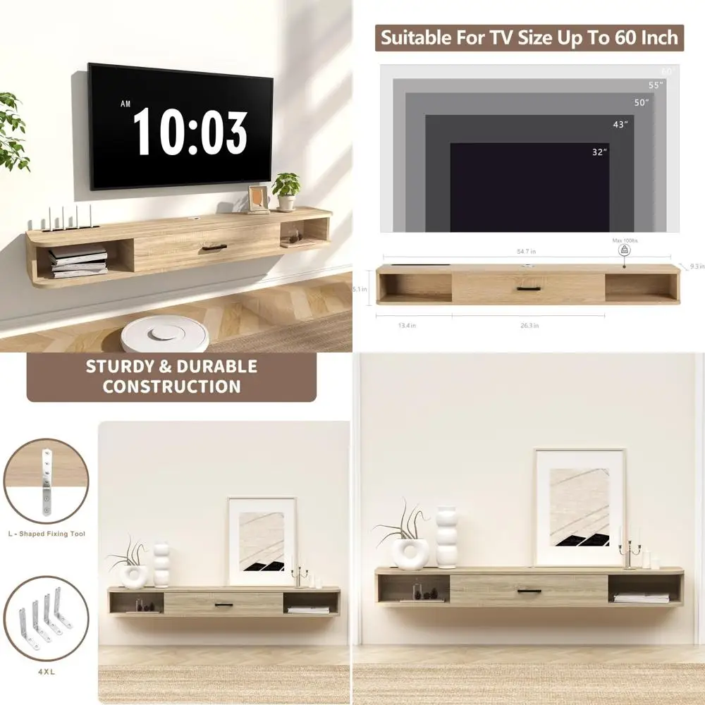 65 Wall-Mounted TV Cabinet with Floating Shelves, Door, and Space-Saving Media Console for DVD Players