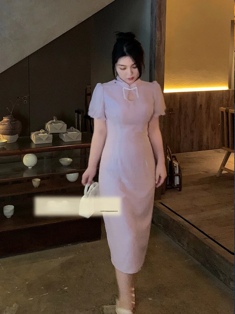 

Elegant Soft Lavender Dark Pattern Silk Blend Dress A-Line High Waist Maternity Summer Long Sleeve Women's plus Size Dress