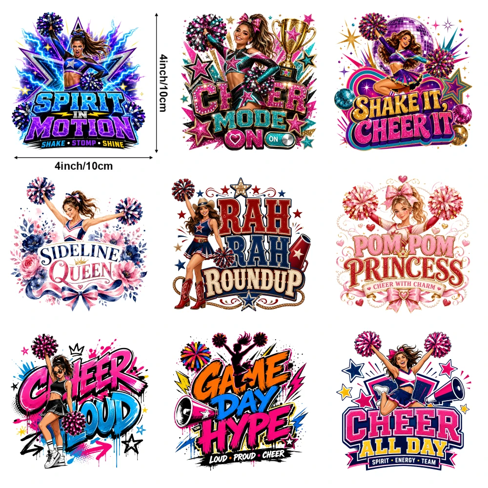 9 Pcs Cheer Designs Iron On Transfers Washable Heat Press Patches