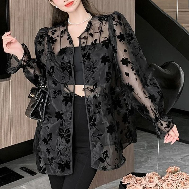 Women Chinese Style Vintage Sunscreen Cardigan Shirt Sexy Mesh See Through Loose Blouse Summer Black Long Sleeve Thin Tunic Tops