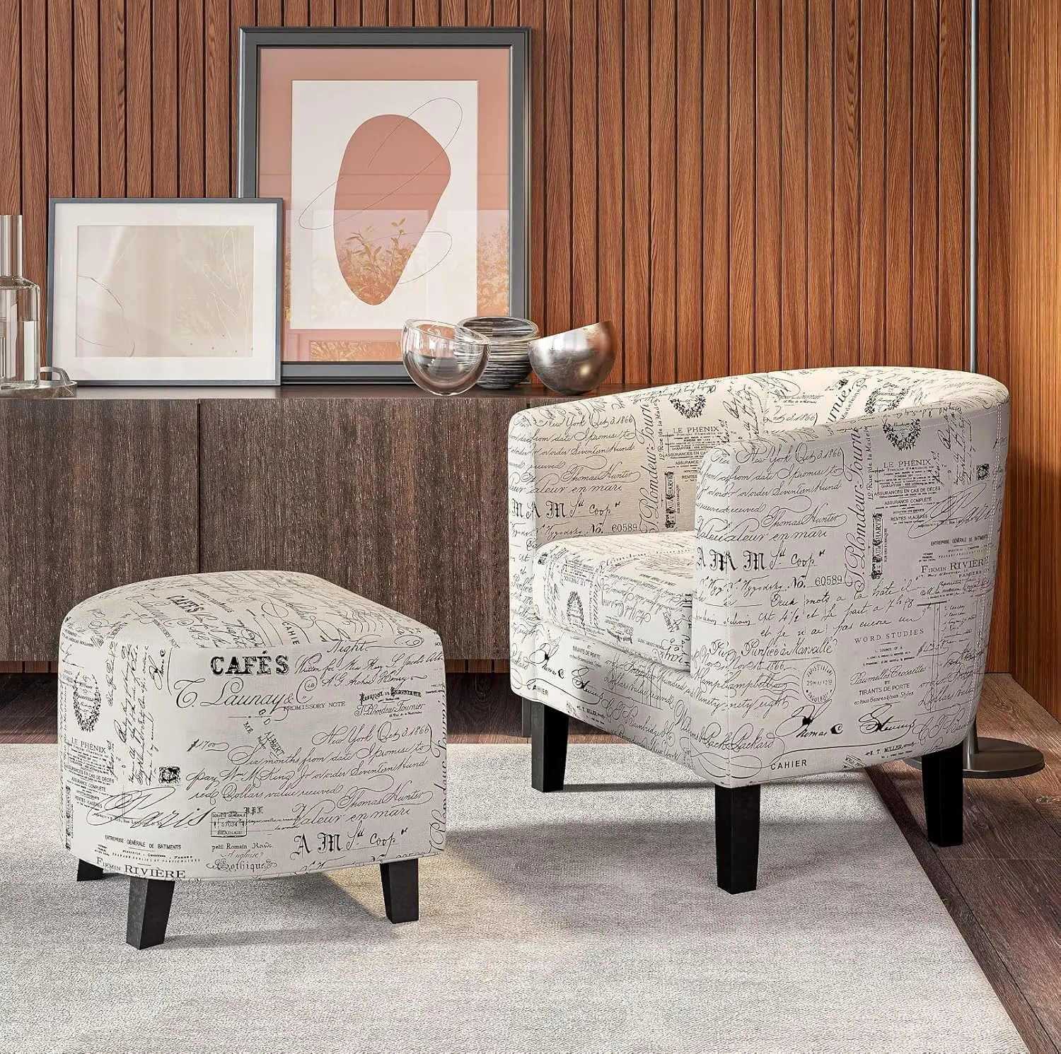 Accent Chair with Ottoman Set of 2, Curved Back Living Room Chair, Stylish Club Chair & Footrest Set, Upholstered