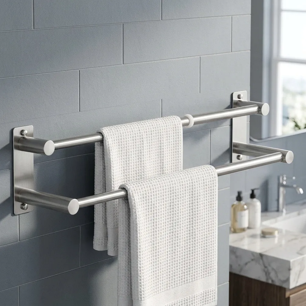 Stainless Steel Double Towel Rack 32 Inch with High Low Staggered Bars for Better Towel Separation and Airflow