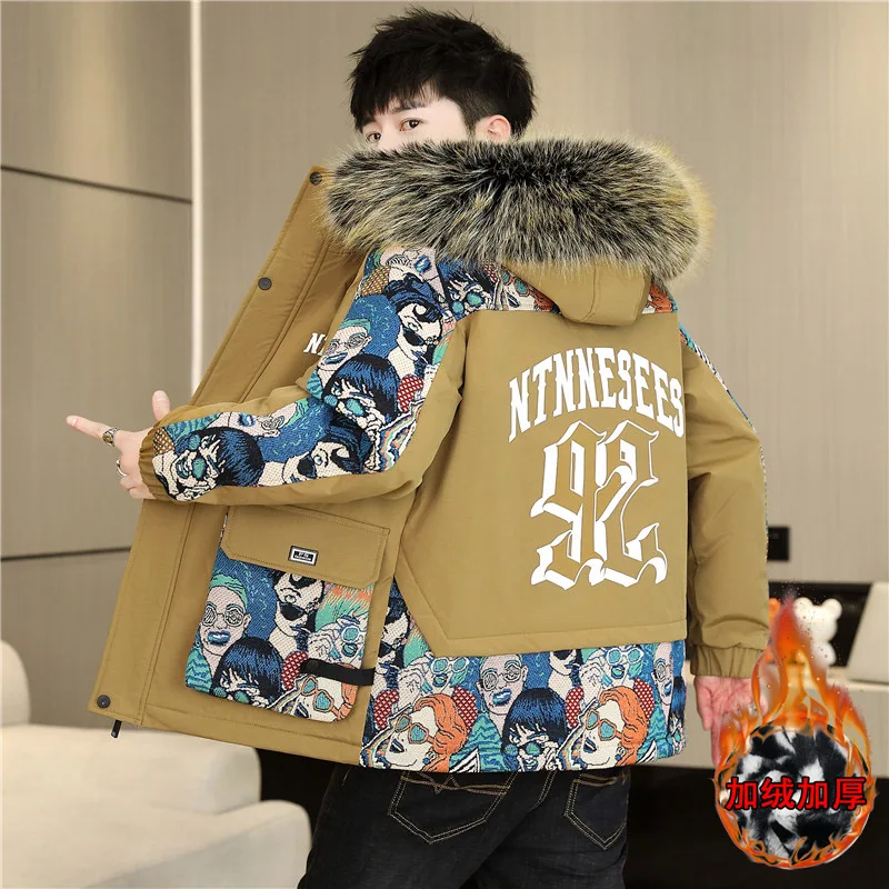 New Men Winter Fleece Jacket Thick Warm Hooded Fur Collar Coat Print Outerwear Mens Thick Coat