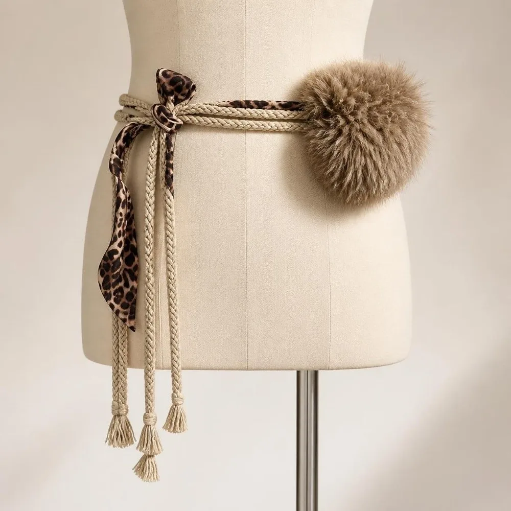 Faux Fur Leopard Print Waist Belt Fabric Decor Pom-Pom Tassel Tassel Waist Belt Fuzzy Rope Faux Fur Rope Belt Party Wear