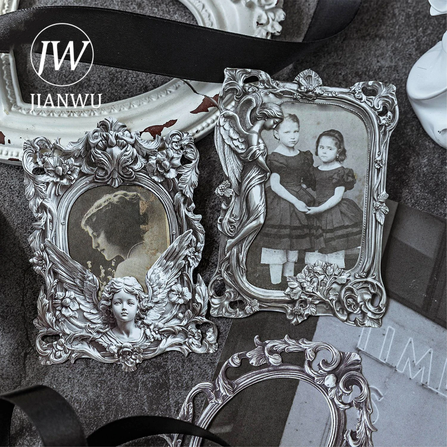 JIANWU-serie de luz y sombra plateada, Material de relieve de borde hueco de flor Vintage, tarjeta de Collage, diario basura creativo, papelería