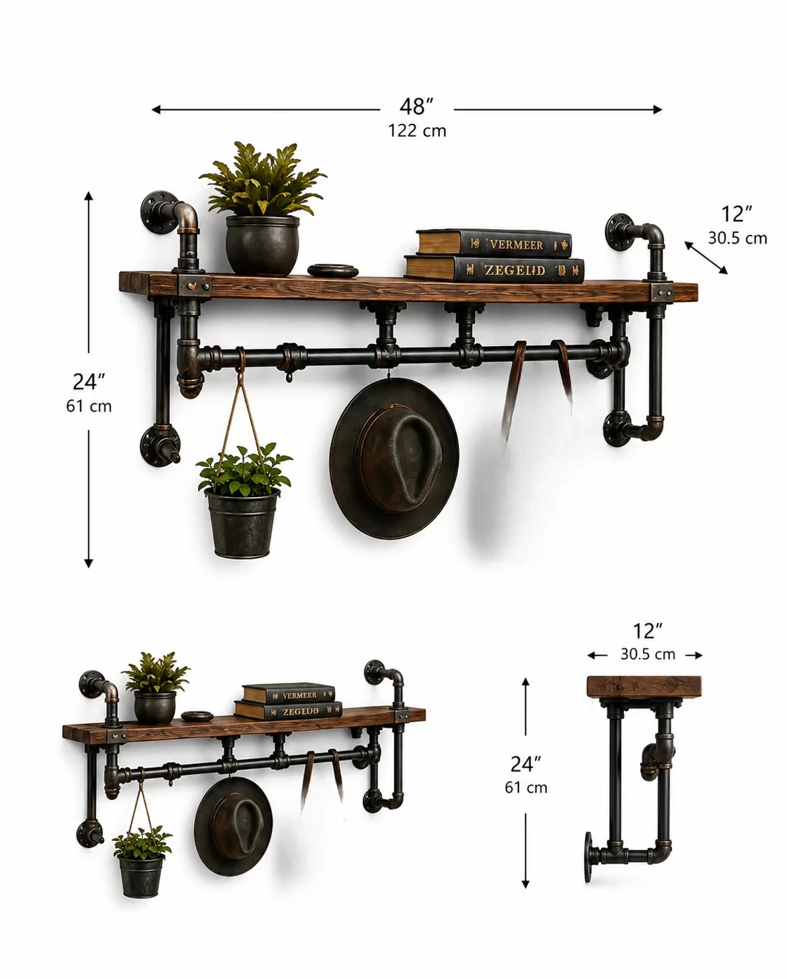 Rustic Floating Wall Racks, Wall Mounted Wooden Industrial Pipe Racks