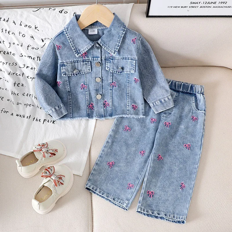 2Piece 2026 Spring Autumn Infant Girls Clothes Korean Fashion Cute Bow Long Sleeve Blue Denim Tops+Jeans Baby Clothing Sets B347