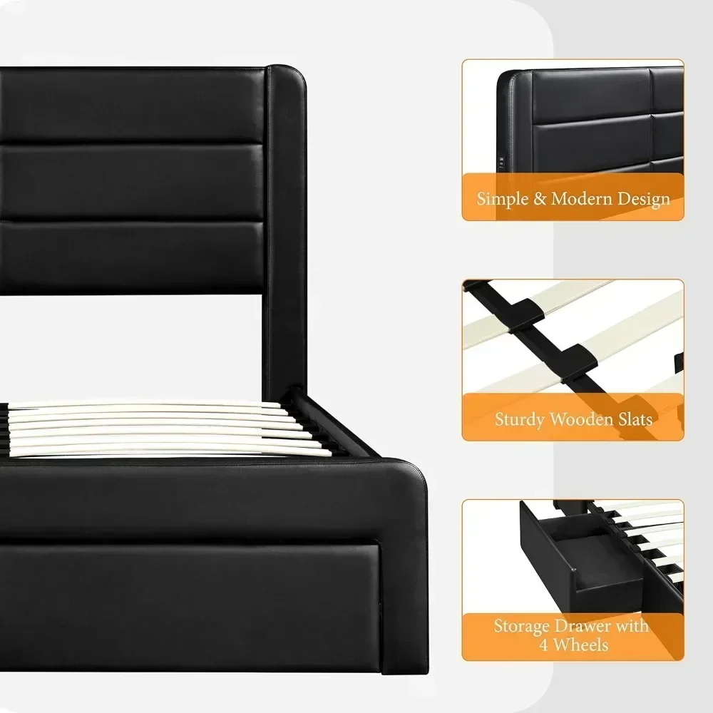 Queen Size Bed Frame with 2USB Charging Station3 Storage Drawer, Leather Upholstered, Wood Slat Support, Queen Bed Frame