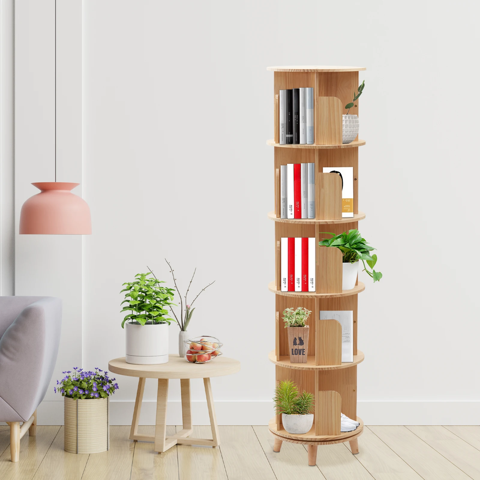 5 Layers Rotating Bookshelf Pine Wood Floor Standing Storage Rack 360 Rotating Bookshelf Display Cylindrical Shape