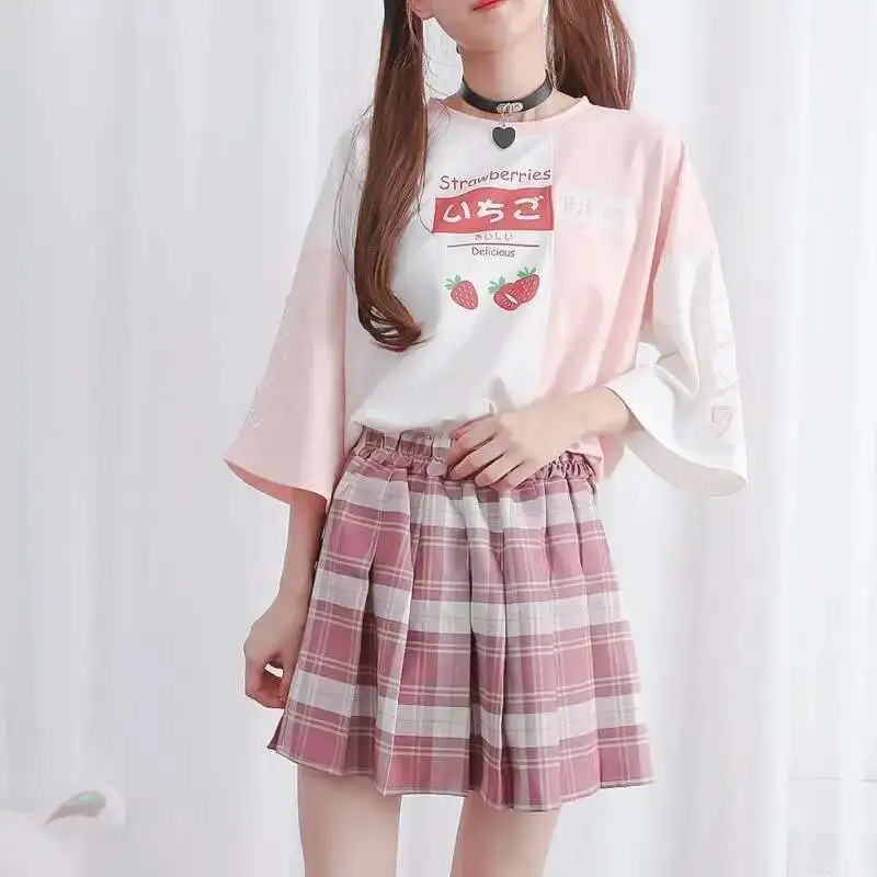 Harajuku Strawberry Juice Graphic Print Women\'s T-shirt 2025 Summer Patchwork Color Cute Tshirt Pink Top School Girls Tee Shirts