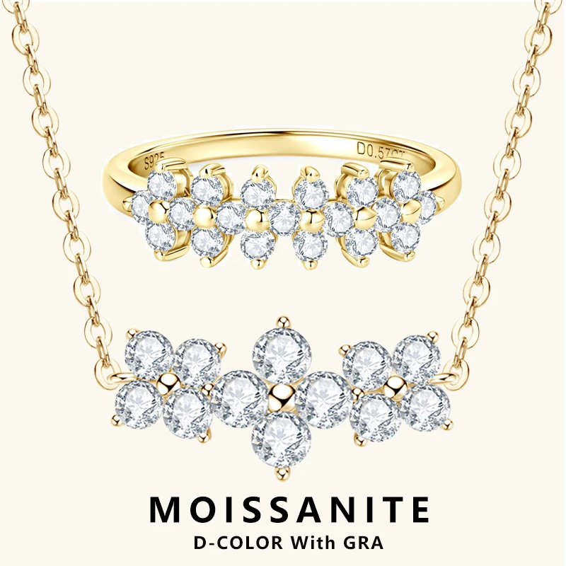 

Lnngy Certified GRA Moissanite Ring Necklaces 925 Sterling Silver Cluster Flower Pendant Necklace Jewelry Set For Wedding Gift
