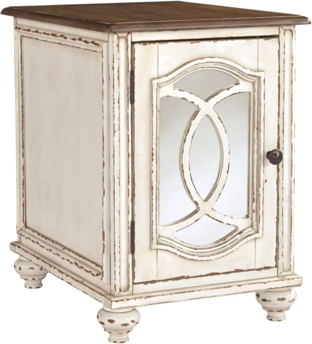 

Signature Design by Ashley Realyn Farmhouse Chair Side End Table with Cabinet For Storage, Antique White & Brown